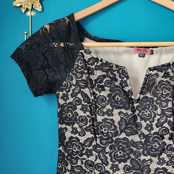 Chi Chi London Women’s Dress 6 Black Cream Floral Lace Fit Flare Retro - Picture 10 of 13